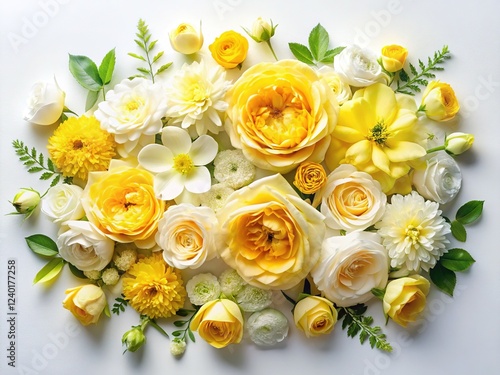 Festive Yellow & White English Roses: Overhead Flat Lay for Birthday, Mother's Day, Wedding