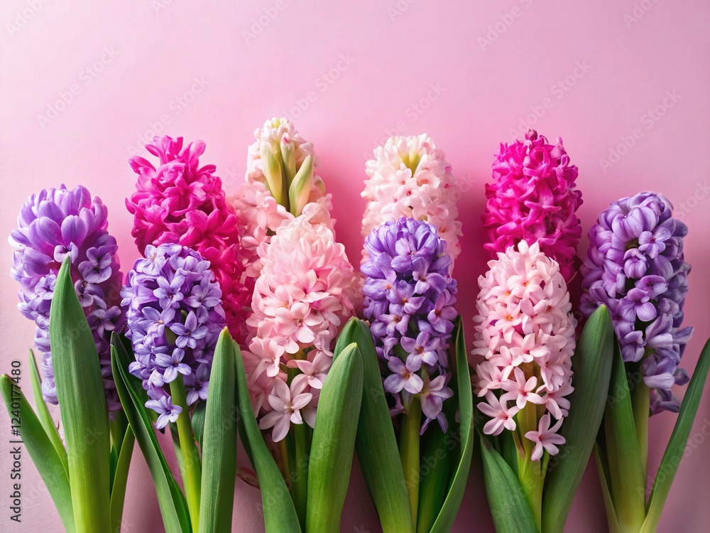 Fototapeta premium Hello Spring! Delicate Pink & Purple Hyacinths in Minimalist Flat Lay