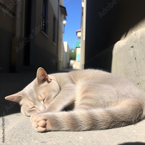Un gato durmiendo en la calle. Estoy tomando una siesta. Descansando en el callejón. Es un gato gris. Es de mañana. Estoy durmiendo. Mis ojos están cerrados.
