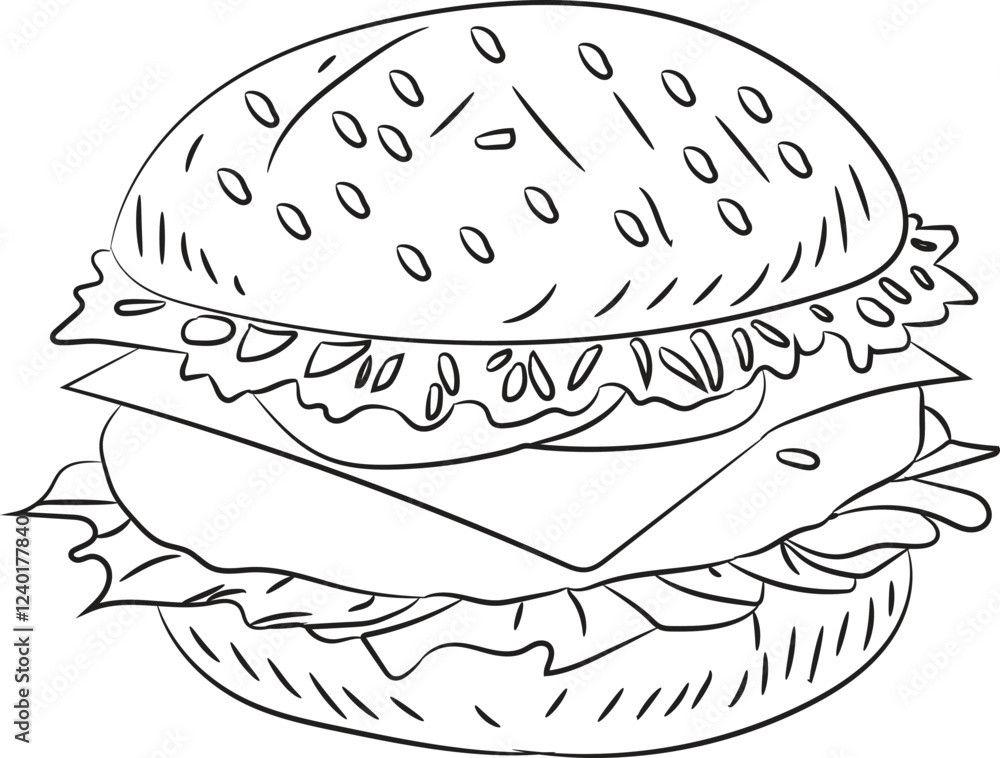 A cheeseburger drawing black line art A cheeseburger drawing black line art
