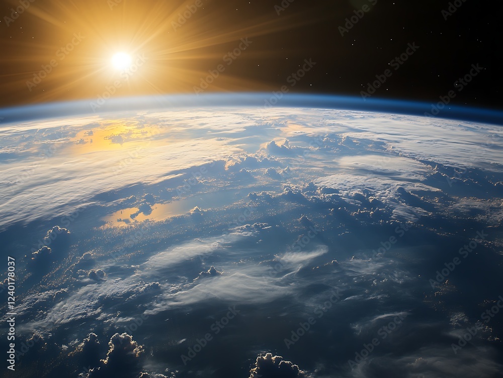 Fototapeta premium A beautiful sunrise casting golden light over the Earth's horizon as seen from space, with glowing city lights and atmospheric details creating a breathtaking view.