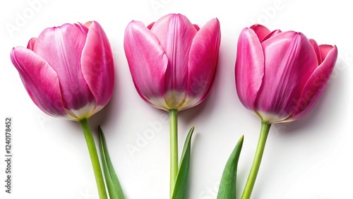 Spring Pink Tulips Silhouette, Isolated Top View, Closeup, White Background