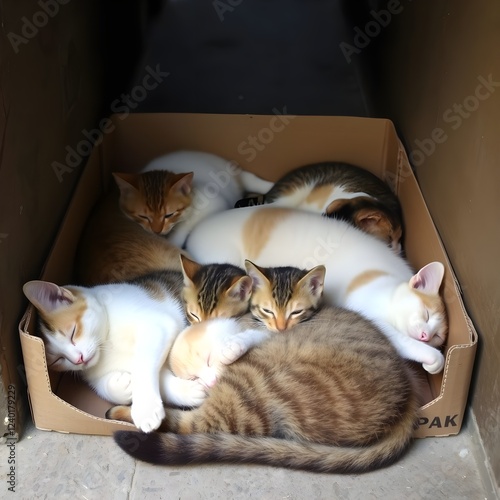 Gato durmiendo en una caja. Es una familia de gatos. Es un gatito. Todos estamos durmiendo juntos. Estoy tomando una siesta.