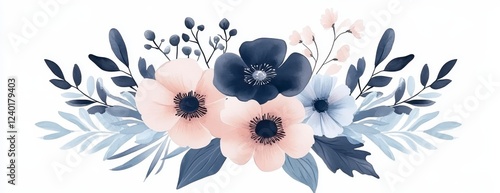 Watercolor painting of a delicate floral arrangement featuring blush pink and navy blue flowers, accented with gray blue leaves. The flowers are