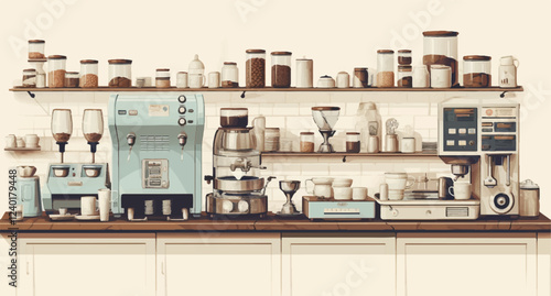 Modern Coffee Bar with Vintage Details,  Vector Illustration