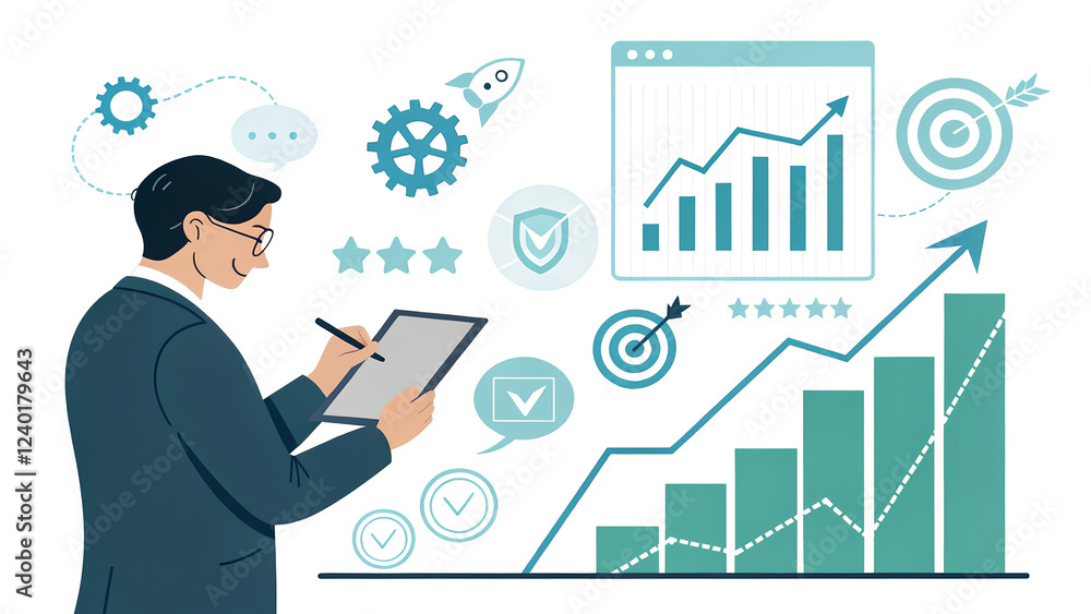 Business Professional Analyzing Data with Graphs and Icons Business Professional Analyzing Data with Graphs and Icons