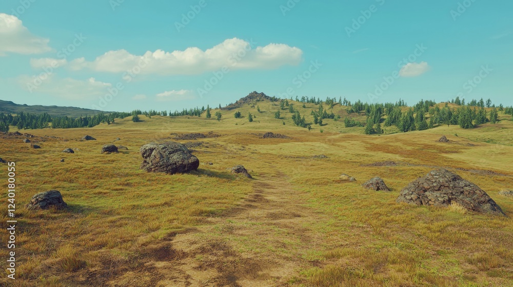 Obraz premium Serene Natural Landscape with Rolling Hills, Rocky Terrain, and Clear Blue Sky on a Sunny Day