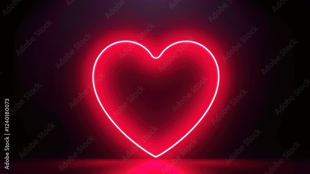 Minimalist Valentine's Day background with glowing neon heart outline on dark matte backdrop.