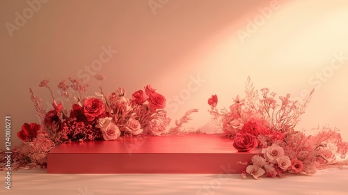 Wallpaper Mural A dreamy Valentine's Day digital design featuring a red stage, floral accents, and a gradient beige backdrop Torontodigital.ca