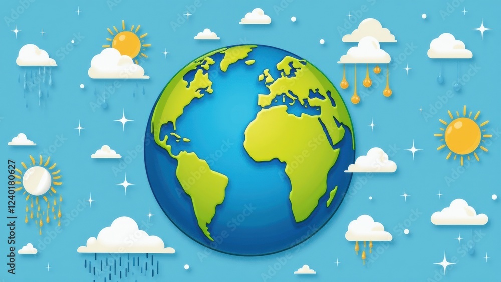 Fototapeta premium Colorful Earth Illustration With Weather Icons Celebrating World Meteorology Day, Promoting Education and Environmental Awareness