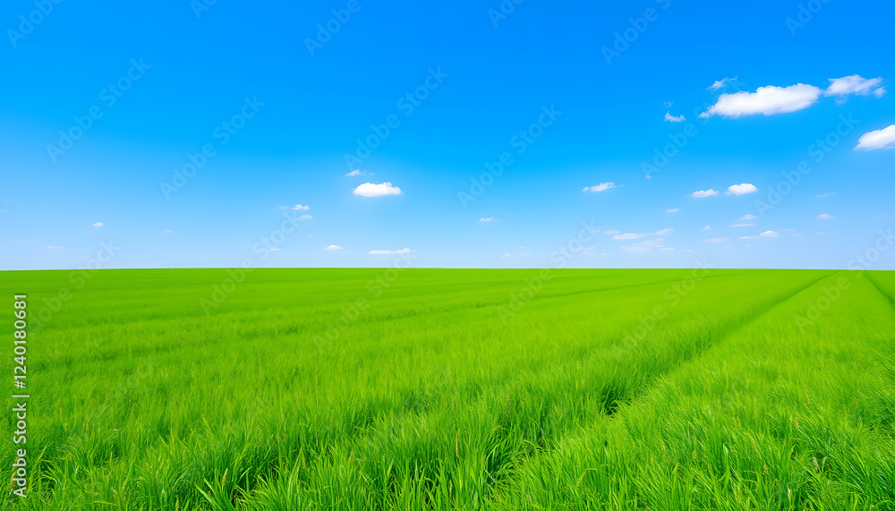 Beautiful green field under a bright blue sky with white clouds, nature background with copy space for text, summer landscape with grass and horizon Beautiful green field under a bright blue sky with white clouds, nature background with copy space for text, summer landscape with grass and horizon