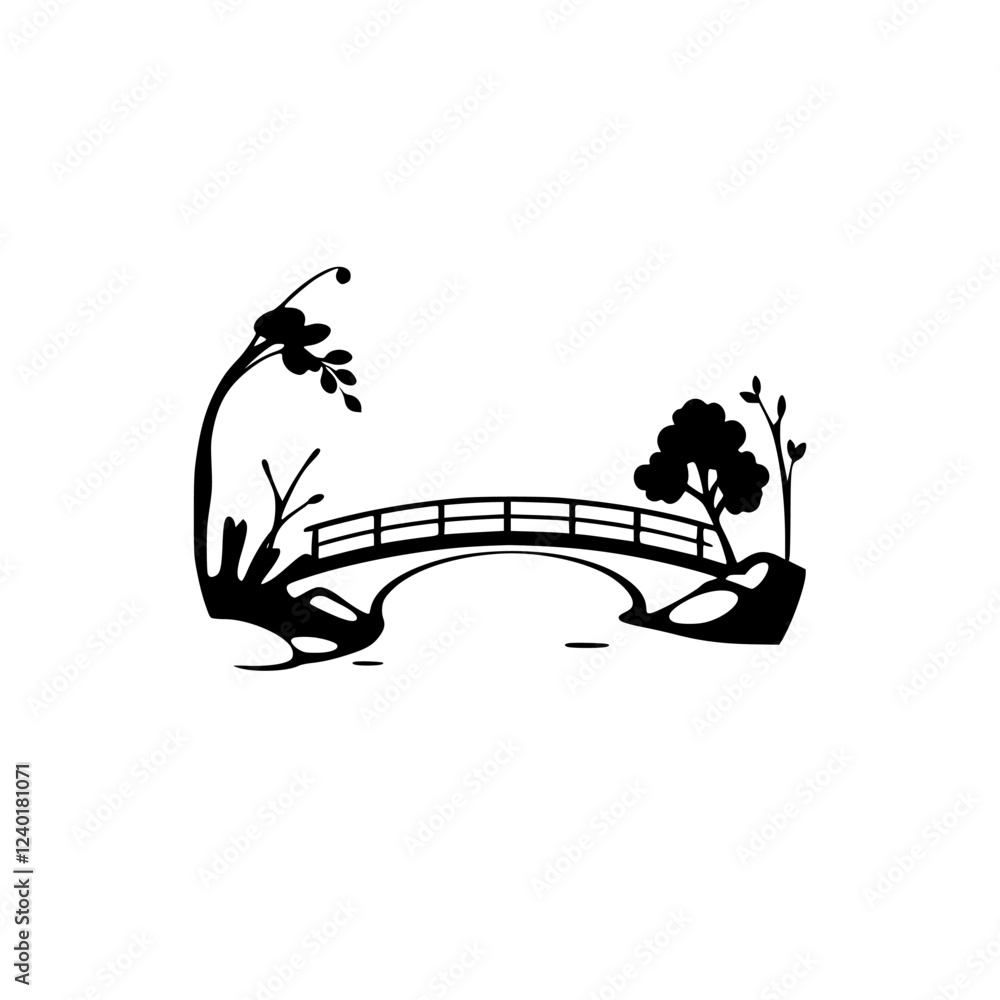 Obraz premium Serene Landscape: A Black and White Minimalist Bridge and Trees Illustration