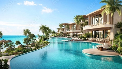 Luxury resort infinity pool overlooking tropical ocean with palm trees