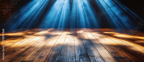 Dramatic light rays illuminate a wooden floor in a dark room creating a moody scene