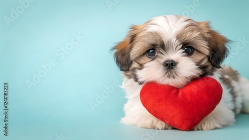 Cute  Puppy lovingly hugging a red heart-shaped toy against a soft pink background, perfect for Valentine's Day love banner