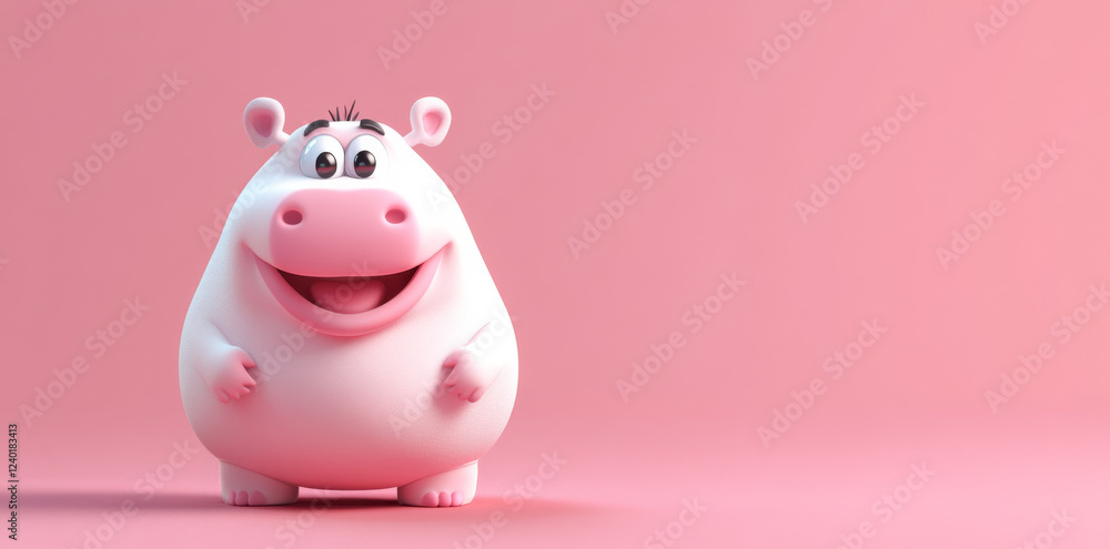 Cute 3D cartoon hippo character smiling on pink background Cute 3D cartoon hippo character smiling on pink background