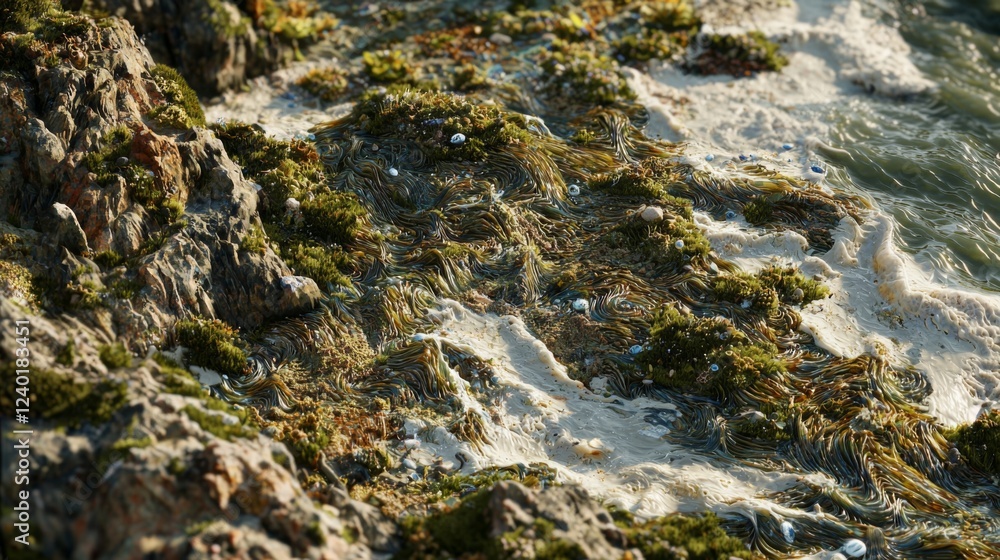 Close-up View of Rocky Shoreline with Seaweed and Sand in Natural Coastal Habitat Close-up View of Rocky Shoreline with Seaweed and Sand in Natural Coastal Habitat