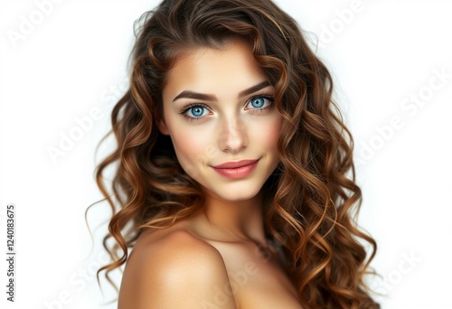 Young woman with long curly hair and bright blue eyes