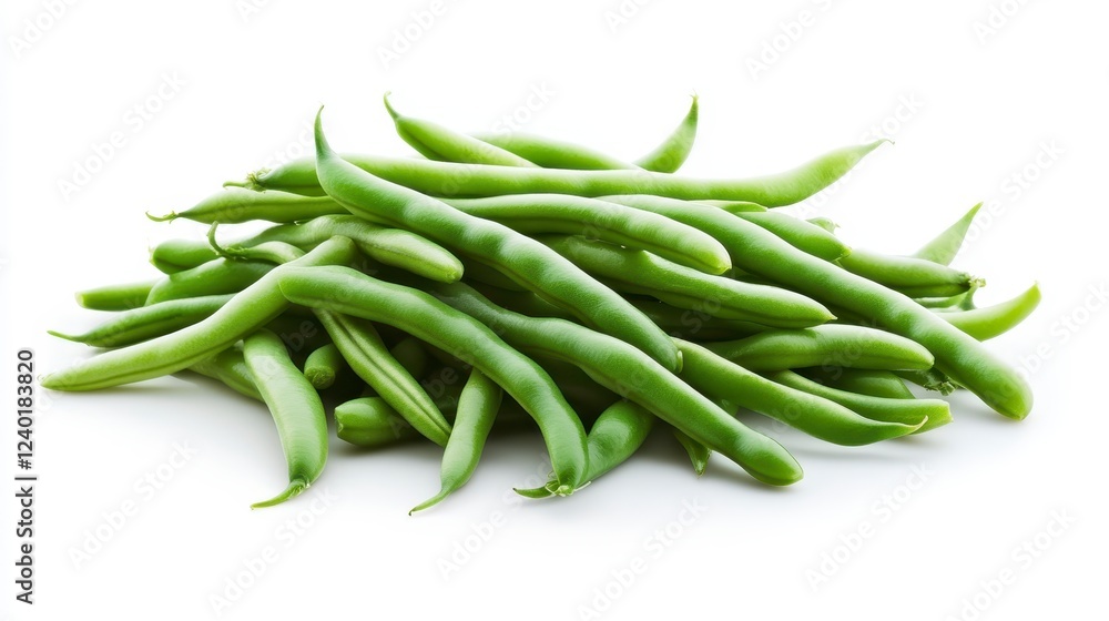 Close up view of a pile of fresh green beans on a white background. The beans are vibrant green and appear crisp and healthy Close up view of a pile of fresh green beans on a white background. The beans are vibrant green and appear crisp and healthy
