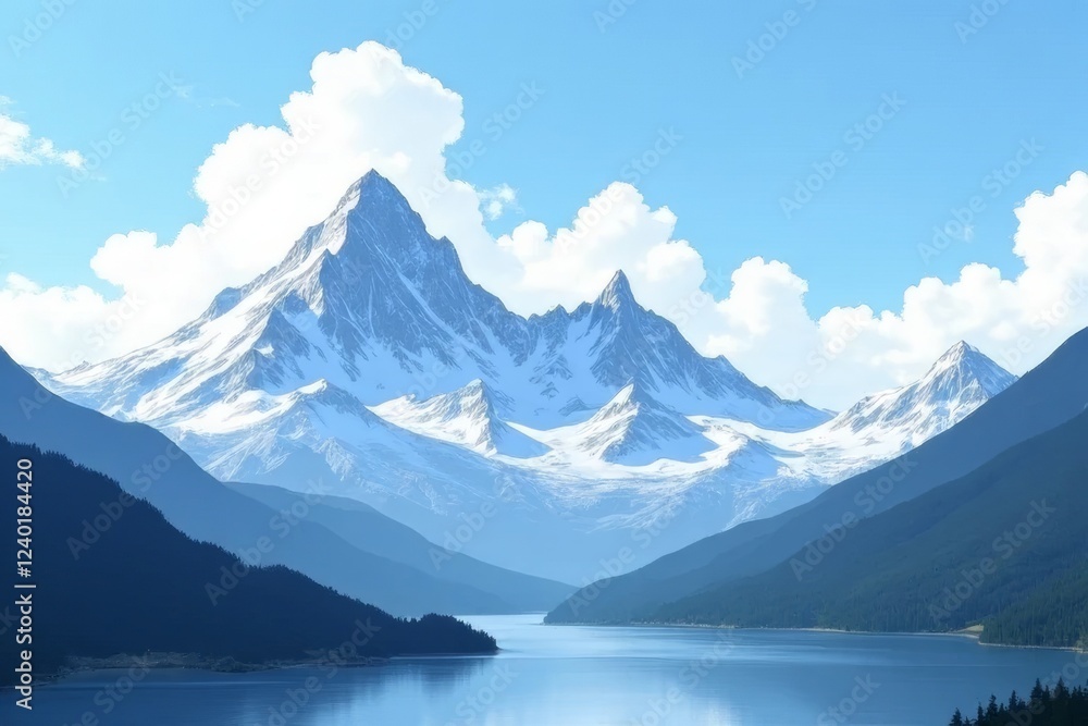 High mountains rise above, pines stand tall, and snow blankets the land.