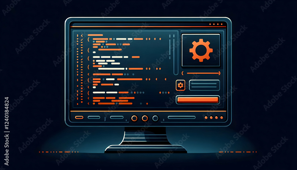 Icon Technology A monitor with a dark screen displaying code (three lines and angle brackets), with an orange gear icon on the side representing system configuration (3) Icon Technology A monitor with a dark screen displaying code (three lines and angle brackets), with an orange gear icon on the side representing system configuration (3)