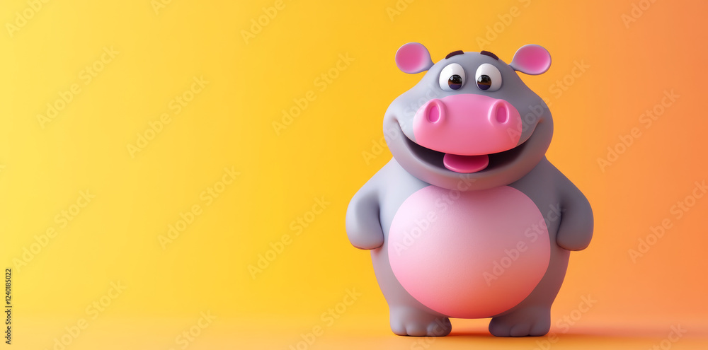 Cute 3D cartoon hippo character smiling on yellow background Cute 3D cartoon hippo character smiling on yellow background