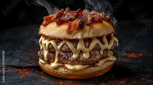 Double cheeseburger bacon, steamy, dark background, food photography