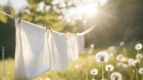 Fototapeta Naklejka Na Ścianę i Meble -  Sun-kissed Laundry Drying in a Dandelion Meadow