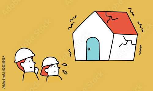 地震で壊れそうな家から非難する家族のイラスト
