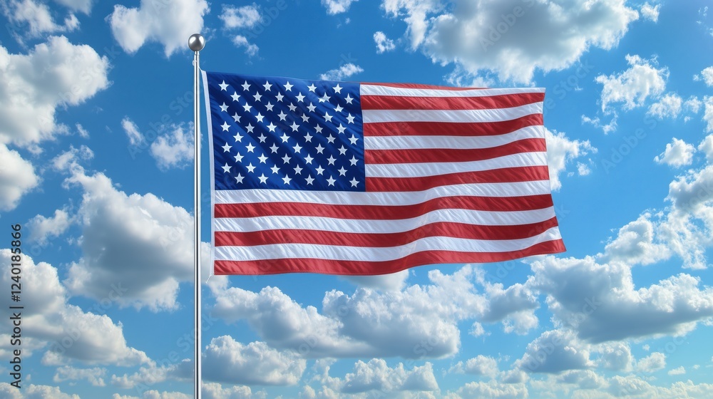The American flag waving proudly against a bright blue sky. The American flag waving proudly against a bright blue sky.
