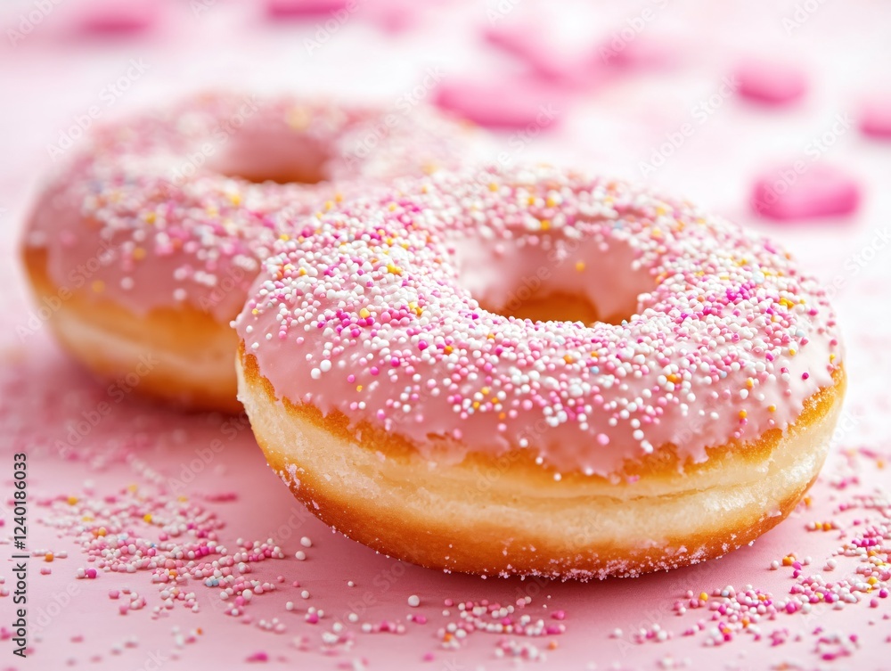 Two pink frosted donuts with colorful sprinkles on a light pink surface sweet treat dessert Two pink frosted donuts with colorful sprinkles on a light pink surface sweet treat dessert