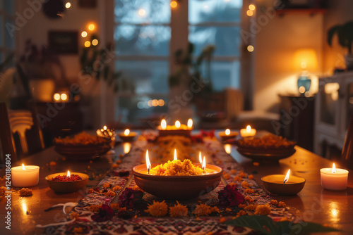 table with diyas and diwali theme. photo