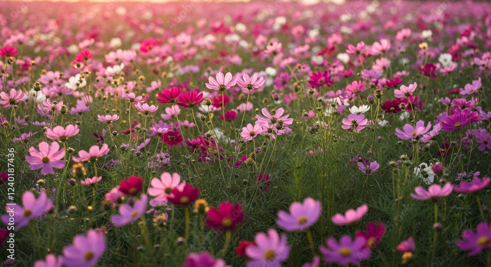 Beautiful cosmos flower field at sunset, bathed in warm light, showcasing a variety of pink and white blossoms Beautiful cosmos flower field at sunset, bathed in warm light, showcasing a variety of pink and white blossoms