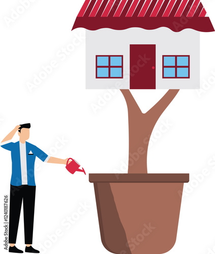 Franchising business branch expansion concept, turning the store into a franchise concept illustration with businessman brought a watering pot thinking about growing his shop into a franchise