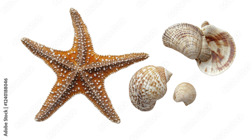 Starfish and seashells on a sandy beach