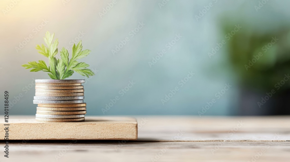 Stack of coins with a green plant sprouting from the top symbolizing growth and prosperity Stack of coins with a green plant sprouting from the top symbolizing growth and prosperity