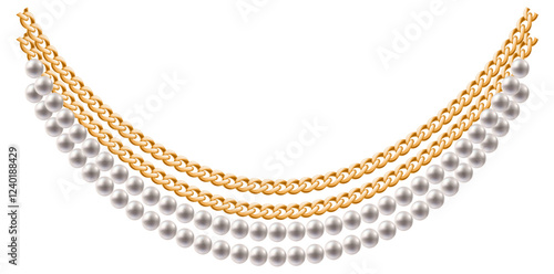 Multilayer Stunning Pearl Necklace With Gold Chains Vector Illustration.	