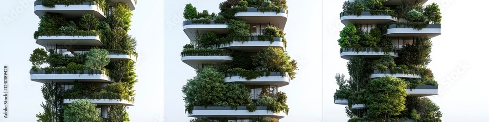 Vertical view of a modern building with lush green vegetation covering balconies, creating a unique architectural design. The building features Vertical view of a modern building with lush green vegetation covering balconies, creating a unique architectural design. The building features