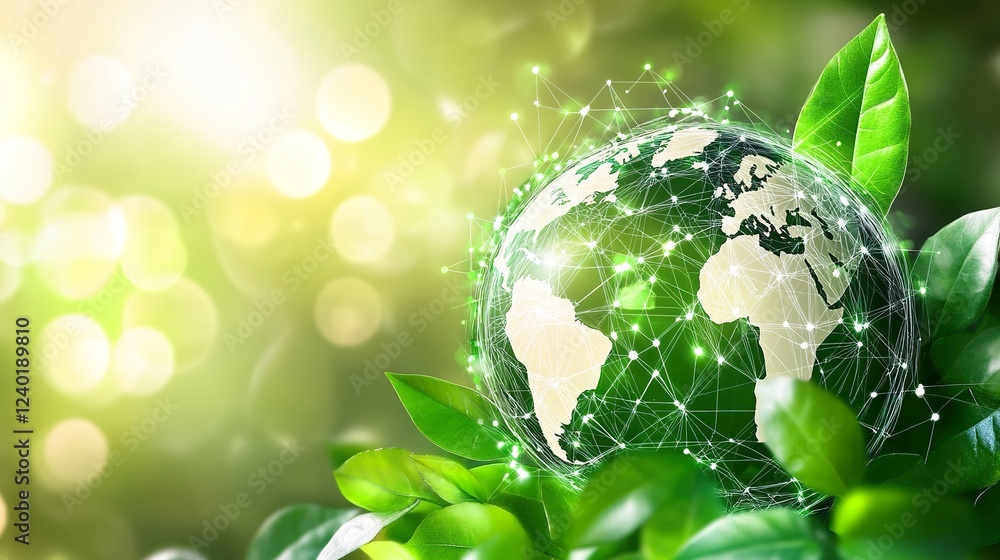 Global sustainability Earth surrounded by green leaves, interconnected network, bright background; eco-friendly concept