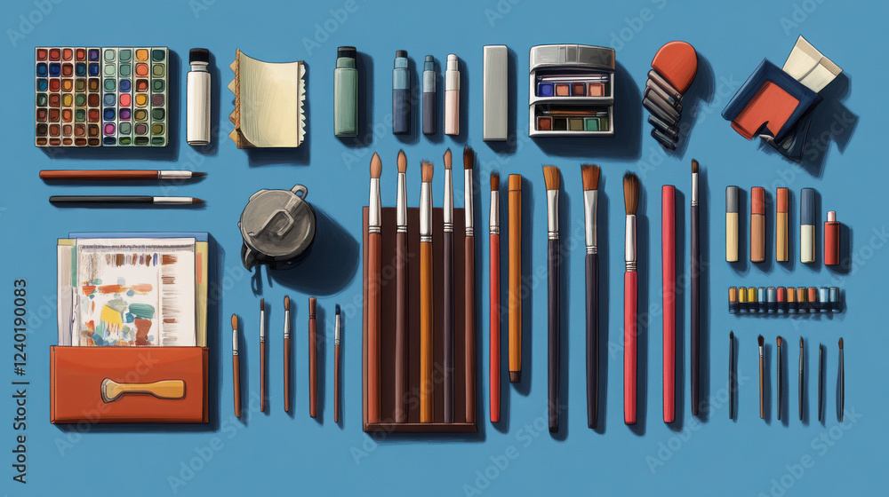 collection of art supplies arranged neatly on blue background, featuring brushes, paints, and various tools for creativity. This vibrant setup inspires artistic expression collection of art supplies arranged neatly on blue background, featuring brushes, paints, and various tools for creativity. This vibrant setup inspires artistic expression