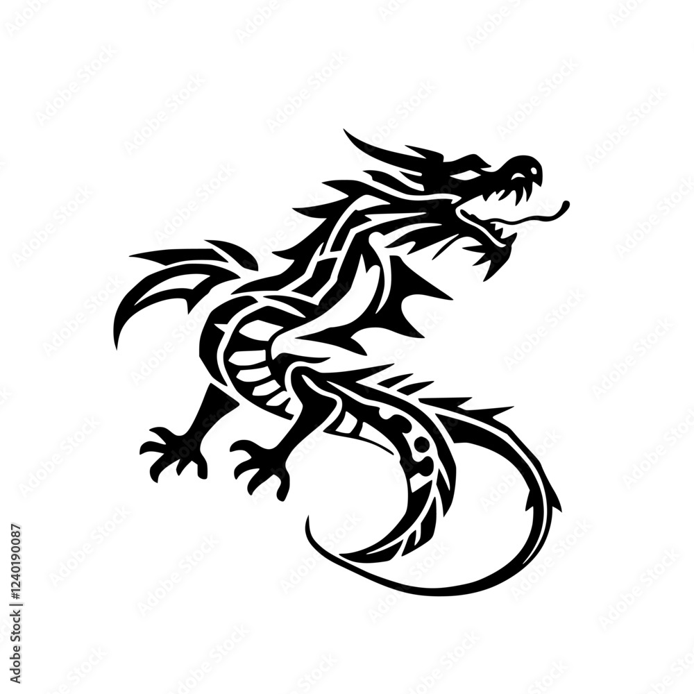 Naklejka premium Tribal Dragon Tattoo Design: A Majestic Mythical Creature in Black and White Ink. Perfect for tattoo art lovers and fantasy enthusiasts.