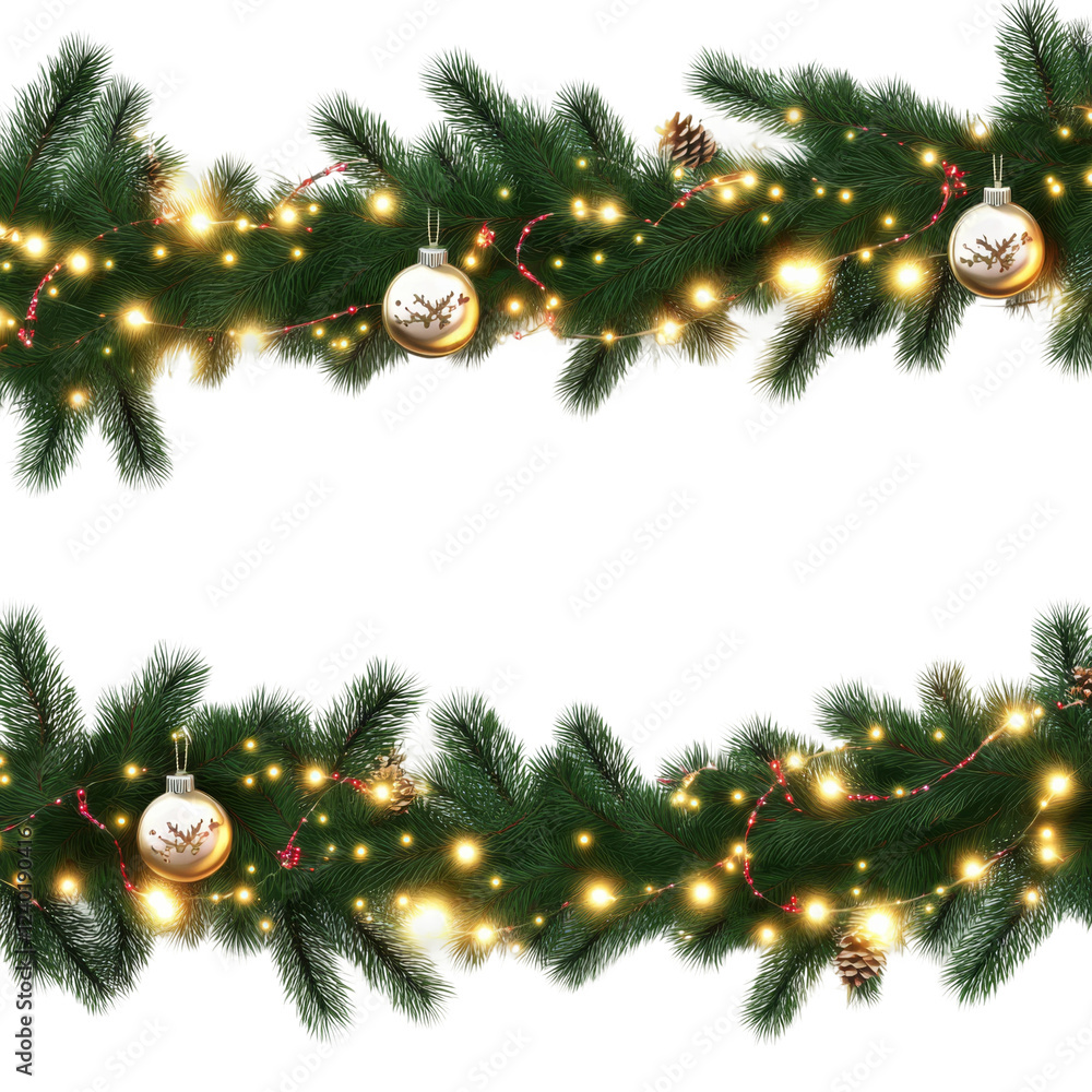 Decorative Christmas border featuring festive greenery, ornaments, and twinkling lights on a transparent background, perfect for seasonal designs and projects Decorative Christmas border featuring festive greenery, ornaments, and twinkling lights on a transparent background, perfect for seasonal designs and projects
