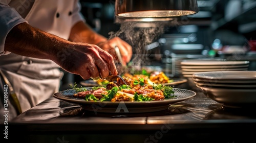 The cook chief plating a beautifully crafted meal, ready to be served to guests.