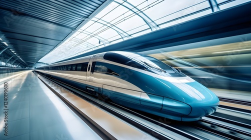 High speed maglev train levitating above tracks creating a blurred motion effect that showcases its impressive technological capabilities and futuristic design photo