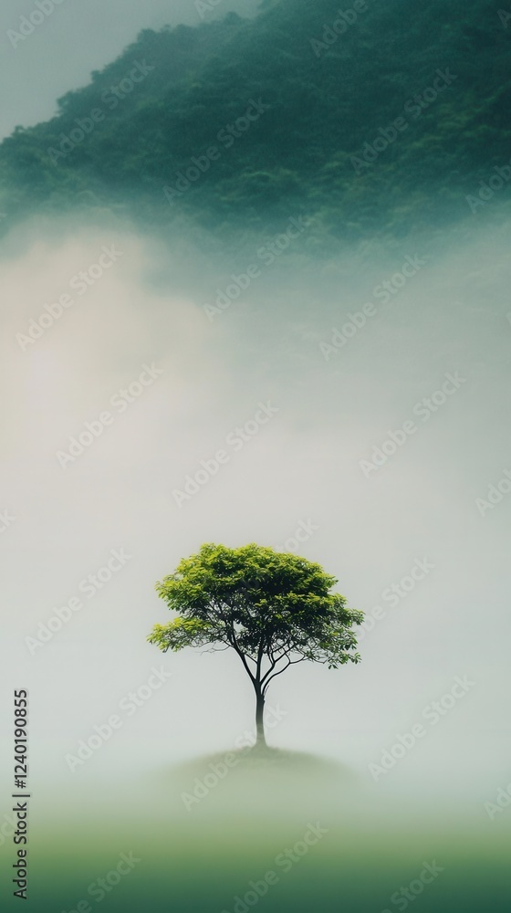 Solitary tree in misty landscape Solitary tree in misty landscape