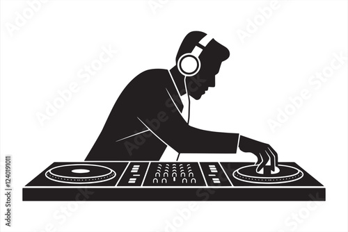 Black and White DJ Silhouette with Turntables and Mixer