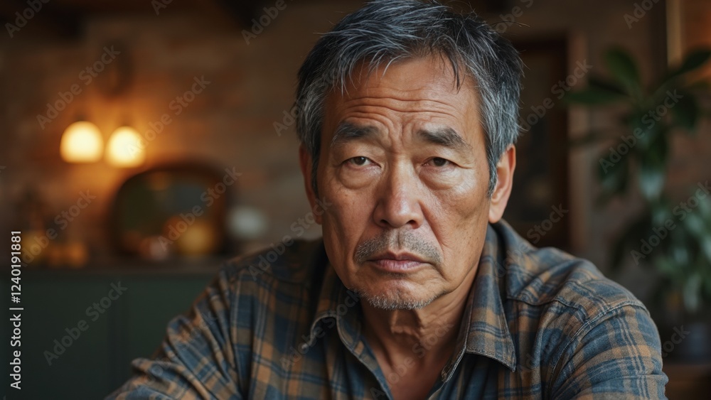 An Older Man Sits Quietly in a Warm, Rustic Room, Deeply Contemplating as He Gazes Directly at the Camera An Older Man Sits Quietly in a Warm, Rustic Room, Deeply Contemplating as He Gazes Directly at the Camera