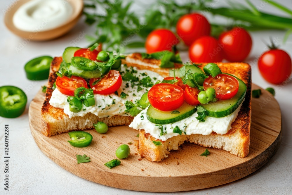 Fresh vegetable toast with cream cheese spread Fresh vegetable toast with cream cheese spread