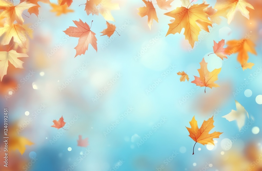 Autumn leaves falling, blue sky, bokeh background, design Autumn leaves falling, blue sky, bokeh background, design