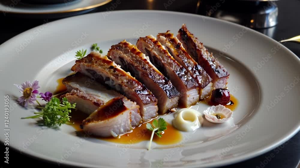 Gourmet sliced roasted meat with sauce and herbs on elegant plate Gourmet sliced roasted meat with sauce and herbs on elegant plate